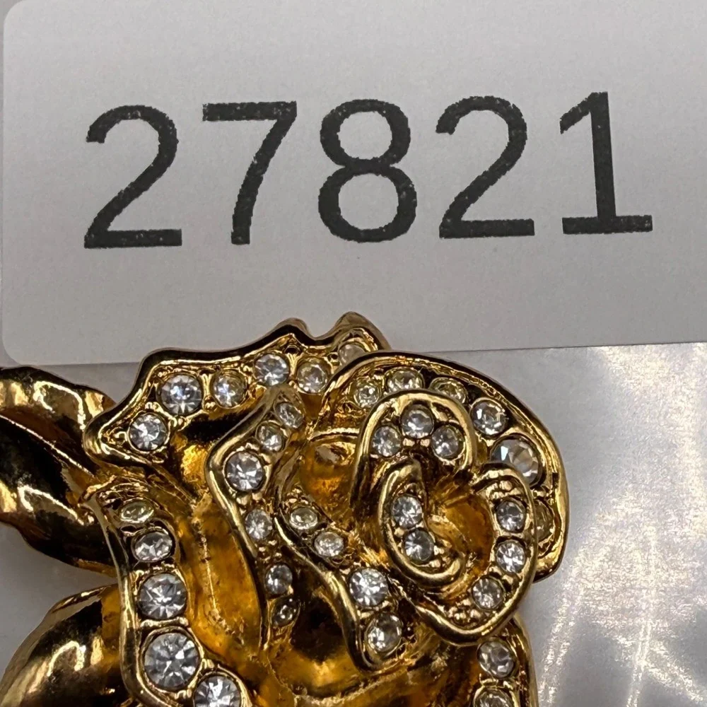 Vintage Avon Rhinestone Flower Brooch Rose Passion Gold Tone